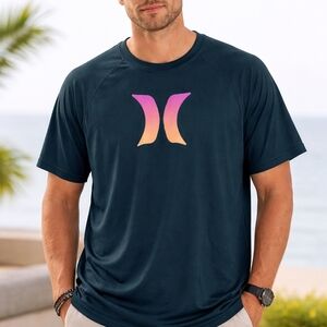 Hurley Gradient Logo Tee - Navy with Pink/Peach Logo